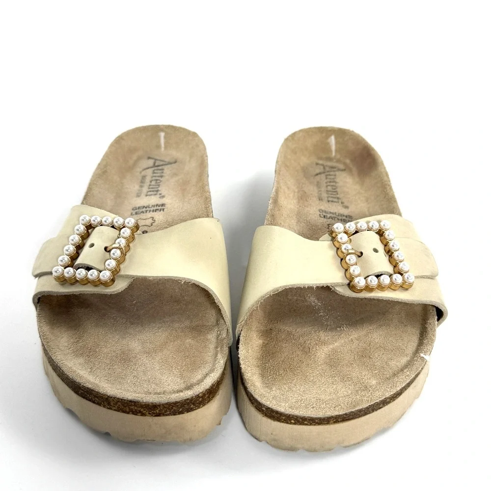 Autenti Batistella Womens Cream Leather Pearl Buckle Platform Slide Sandals 38 - Picture 3 of 10